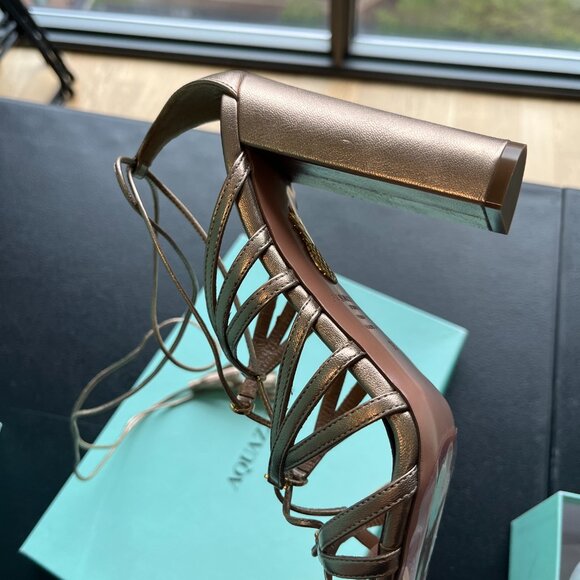 NWT Aquazzura Willow Sandals 105 In Light Copper Cage Style Lace Up High Heels - Picture 11 of 13